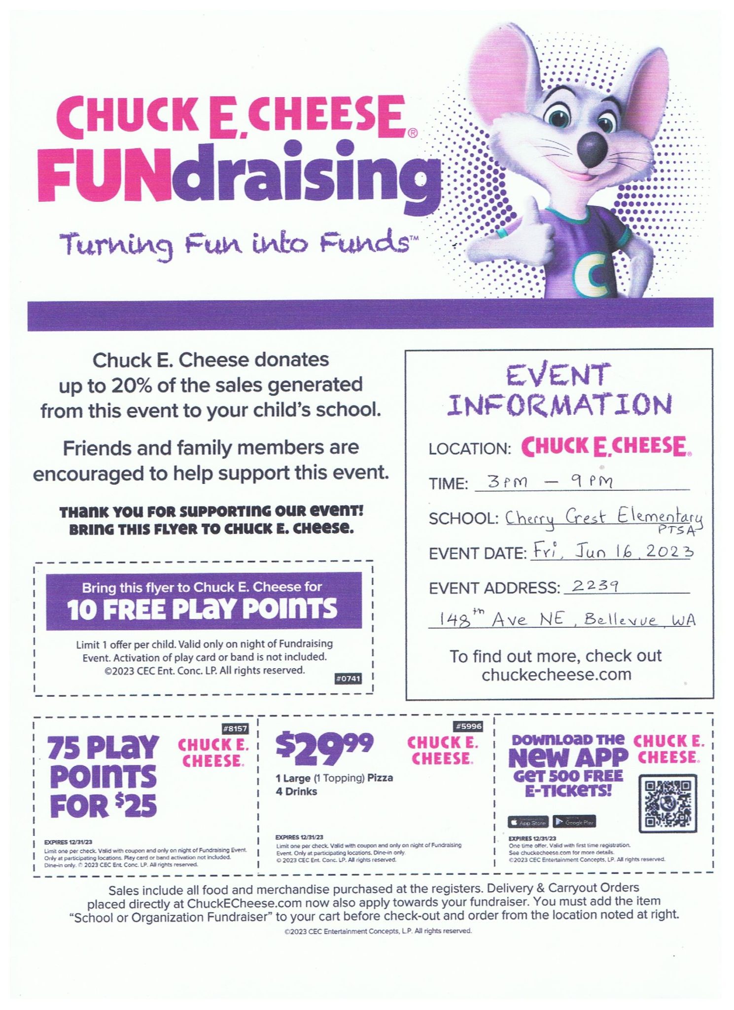 Chuck E. Cheese FUNdraiser – CHERRY CREST ELEMENTARY PTSA